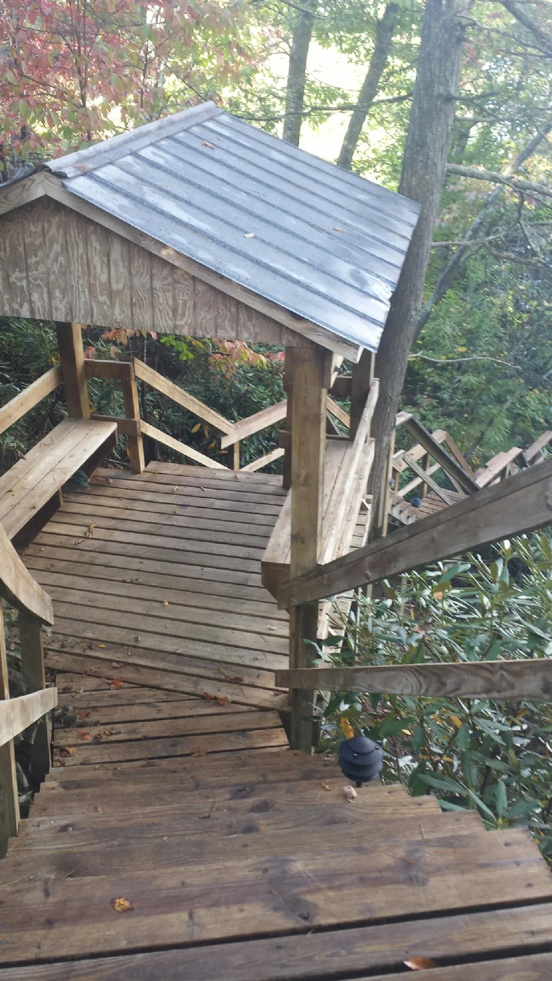 Metal roofed shelter over wooden steps on a wooded walkway — Skylight Repair & Installation work by our crew in Earlham